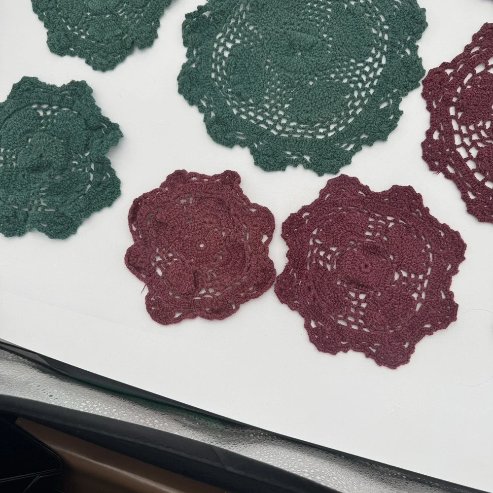 Vintage Crochet Doilies Lot 13 Green Burgundy‎ Cotton Holiday Cottagecore